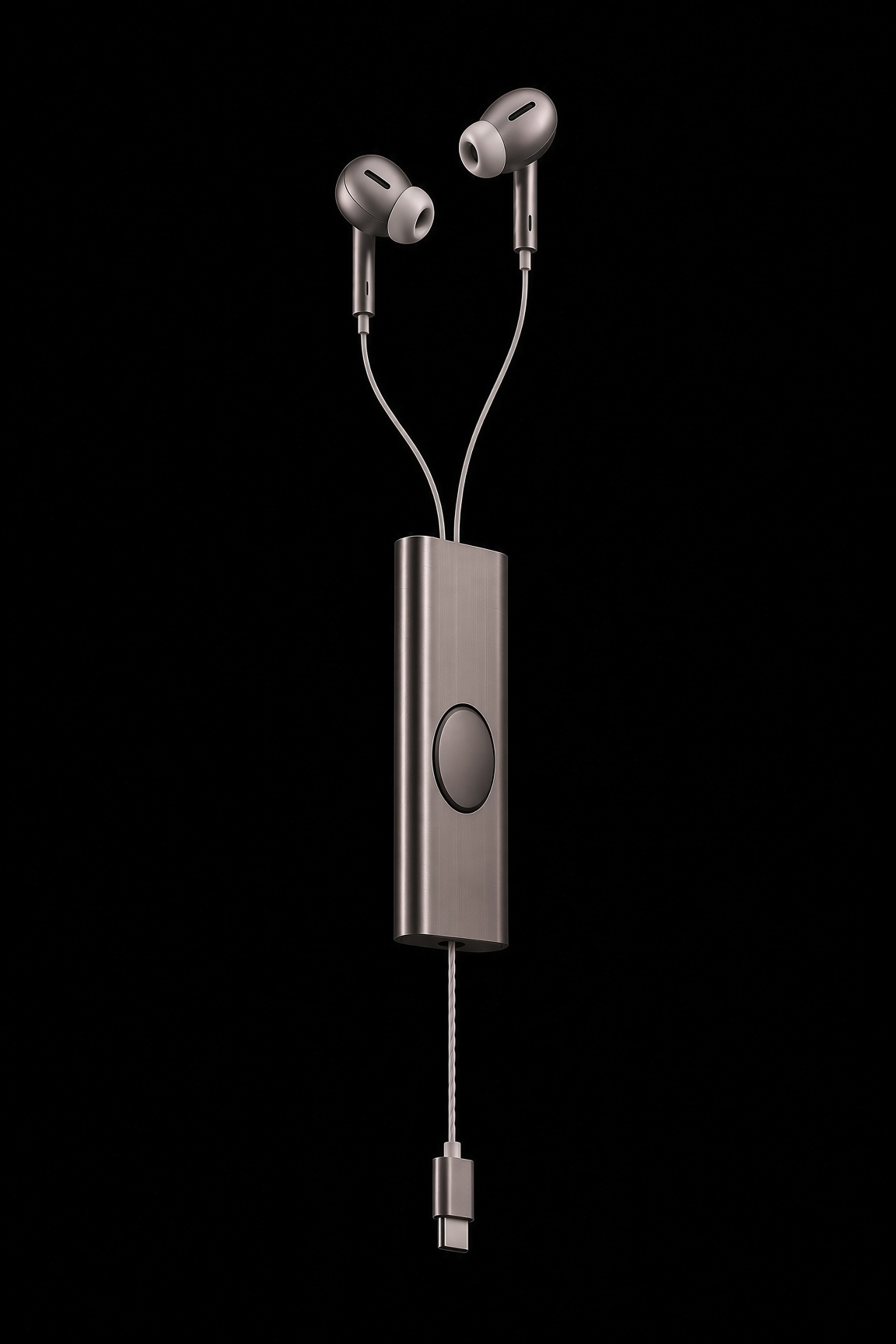 The Reel console with earpieces drawn from the top and a USB-C cable extended from the bottom.